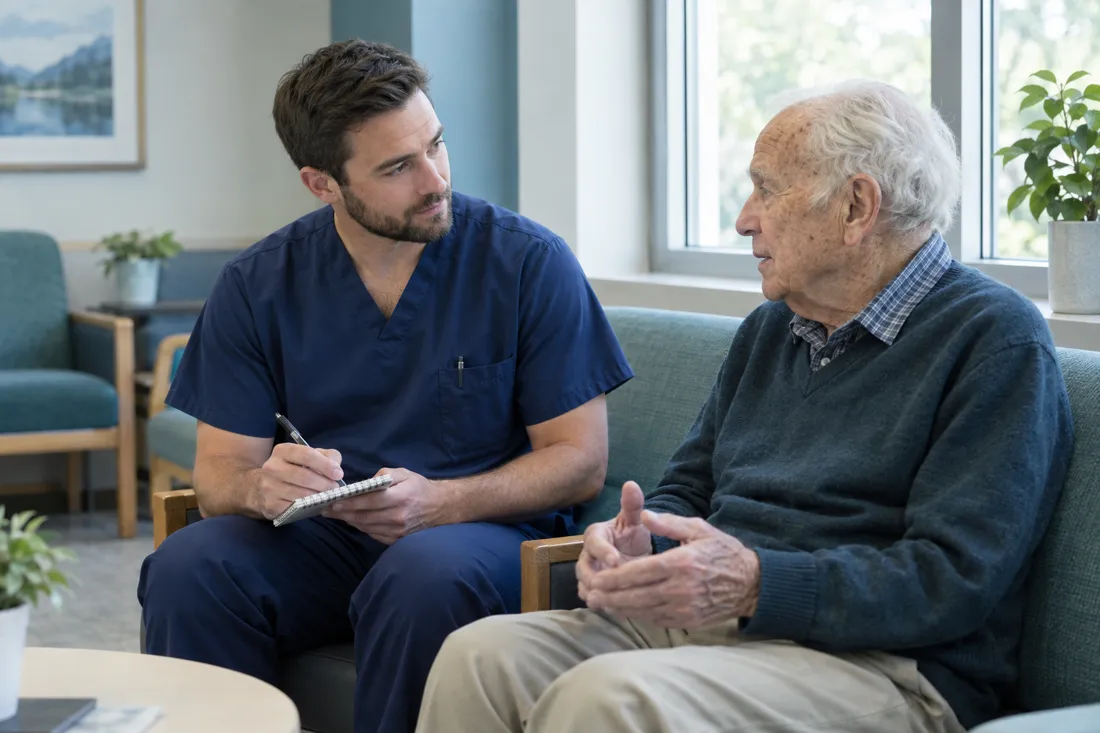 A nurse writes notes on a small pad while an older man speaks in a medical office waiting area.